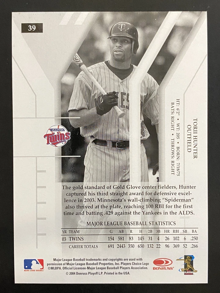 Torii Hunter 2004 Donruss Elite Turn of the Century /750 Minnesota Twins #39 - Image 2 of 2