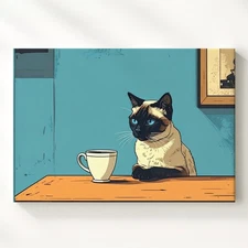 Pop-Art Siamese Cat Canvas Contemplative Cat With Teacup In Bold Colors When