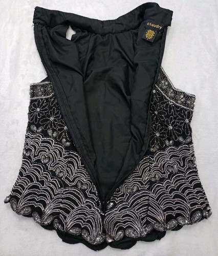 Chaudry India Silk Black Sequin Beaded Embellished Holiday Party Glam Top Large - Picture 15 of 18
