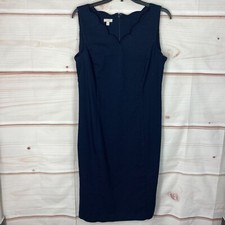 Talbots Dress Womens 10 Blue Sheath Scallop Trim Sleeveless Cotton Stretch Solid