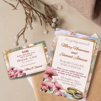 wedding invitation card, floral pink roses, Invitation Wedding template EDITABLE