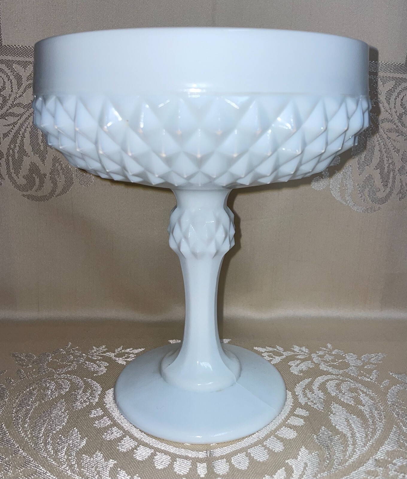 Indiana Glass Diamond Point Milk Glass Pedestal Candy Dish 7.5 Inches