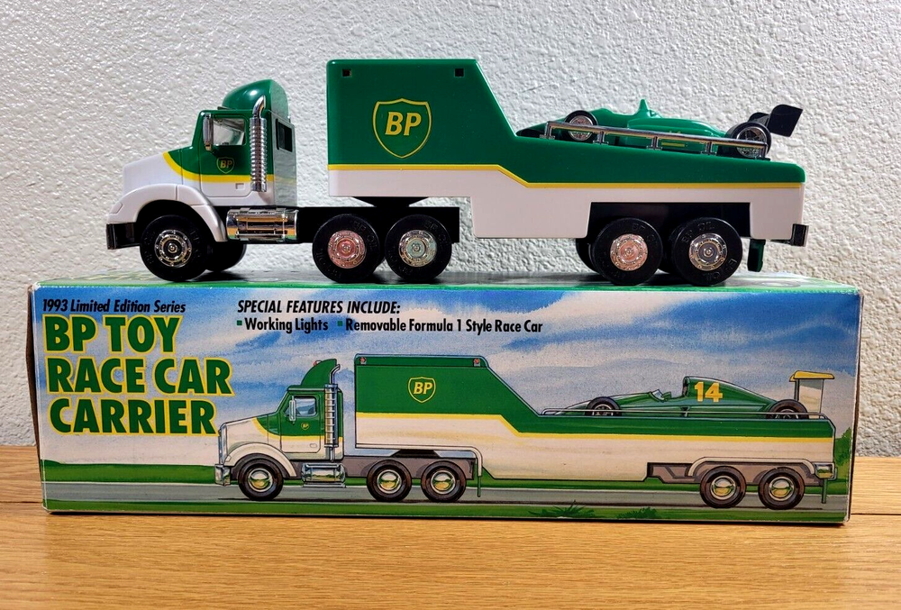 BP Toy Race Car Carrier Truck with Working Lights Vintage 1993 - Complete In Box