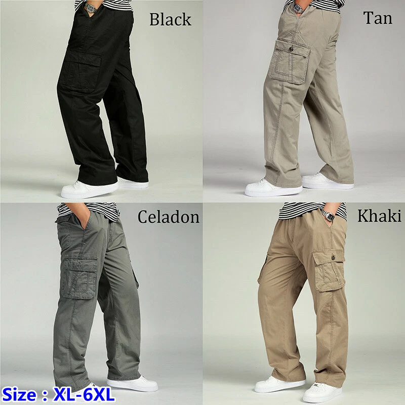 Mens Straight Leg Cargo Pants Pockets Trousers Loose Bottoms Plus Size