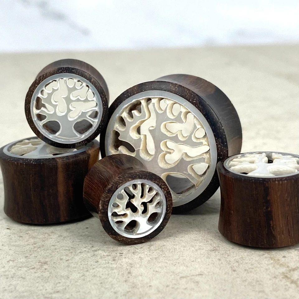 Pair of Sono Wood Mother of Pearl Tree of Life Tunnels gauges organic plugs - Image 4 of 4