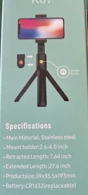 K07 Selfie Stick Integrated Tripod, Black, Compact, Stainless Steel, Open Box