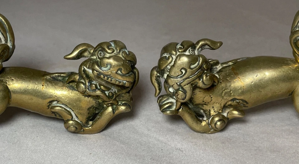 Par de figuras raras antiguas chinas de bronce macizo de foo león estatuas figuras Foto 3 de 4