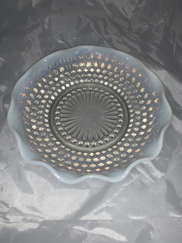 VINTAGE MOONSTONE GLASS PLATE HOBNAIL OPALESCENT  RUFFLED EDGE 10.75”