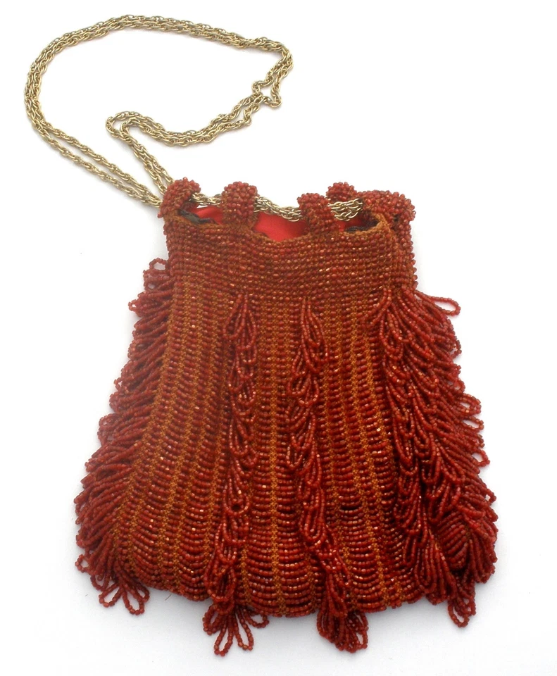 Flapper Red Drawstring Fringe Purse Hand Beaded Bag Glass Beads Art Deco - Image 2 of 4
