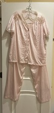 NEW NWT Vintage Pink Pajama Shirt Pants Set Silky Nylon Button Down Pink Lace 1X