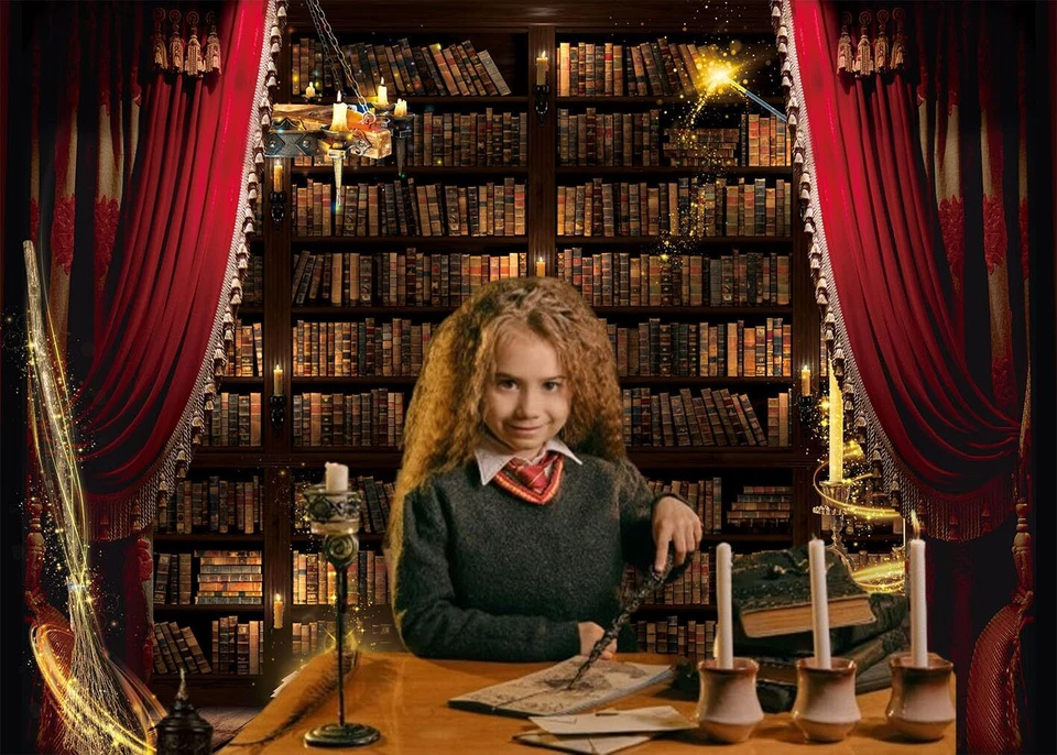 Magic Library Bookshelf backrop Magic Books Wand Broom Curtain Background - Image 2 of 4