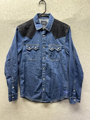 Scotch & Soda Pearl Snap Denim Mens Size Small Shirt Blue Shoulder Patch Cowboy