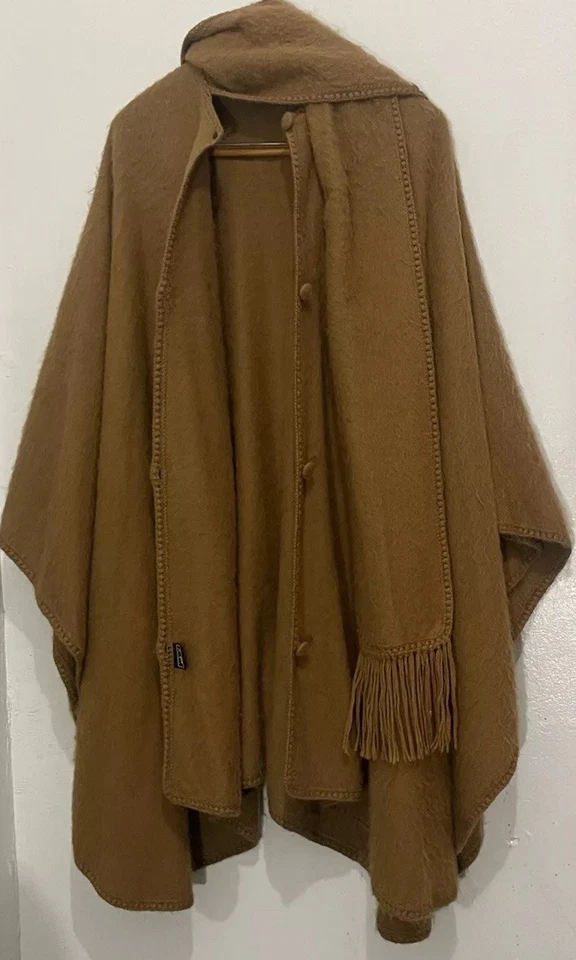 Alpaca Diana Peru Poncho Cape with Attached Scarf - Made in Peru Tan Brown - Image 4 of 4