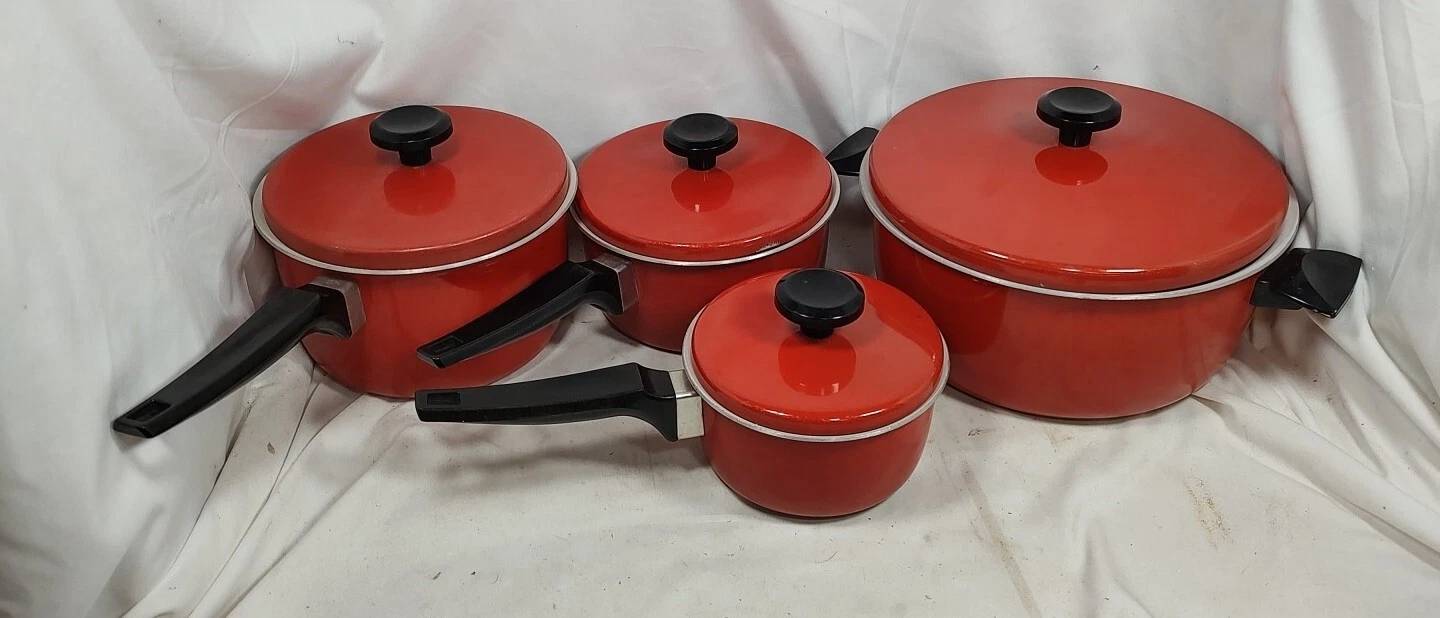 8 Piece Vintage Sears Roebuck Pots, Pans And Lids Set Red Orange