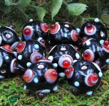 Qty. 10 - 15MM Round Bumpy Black, Rust Red & White Lampwork Glass Beads