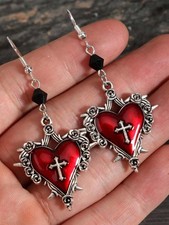 Red Gothic Heart Cross Rose Thorn Dangle Earrings For Women One Size
