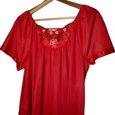 Vintage Kelly Reed Nightgown M Red Silky Nylon Satin Trim Embroidered Flowers