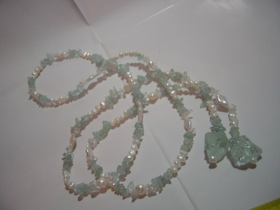 Поделиться винтажный подлинный большой аквамарин и редкий жемчуг ожерелье-46» без застежки» exqui - Изображение 4 из 4