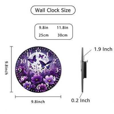 Purple Butterfly Moon Flowers Wooden Silent Wall Clock No Battery Home Decors