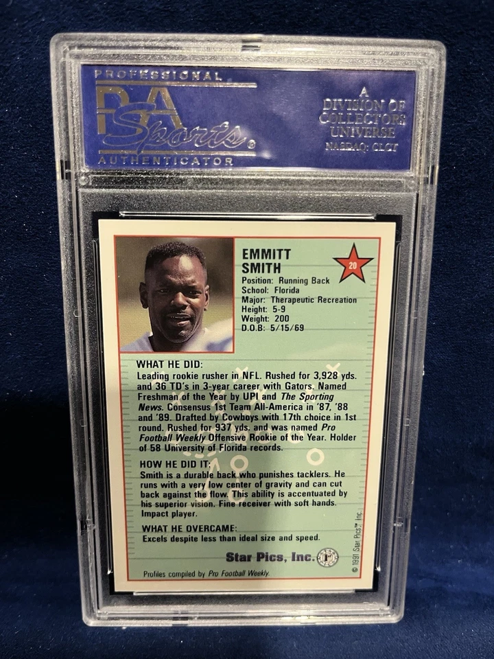 1991 Star Pics #20 Emmitt Smith Gators / Cowboys Hall Of Fame PSA 10 GEM MINT - Image 2 of 2