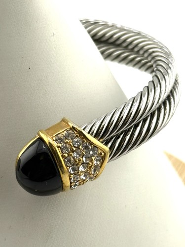 Vintage Bracelet Black Onyx CZ 2 Tone Twisted Open Cuff. B-103 - Picture 3 of 6