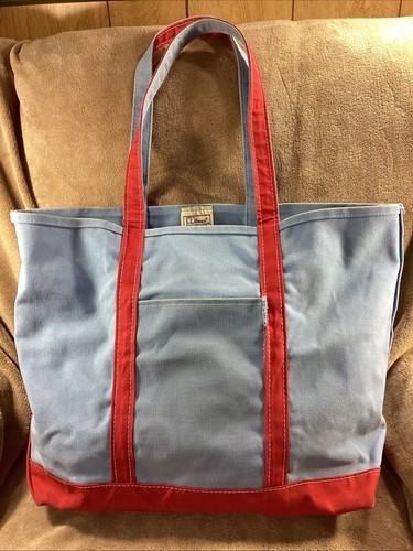 RARE Vintage LL Bean Boat And Tote Baby Blue W/ Red Stripes USA 17” X 15” X 7”