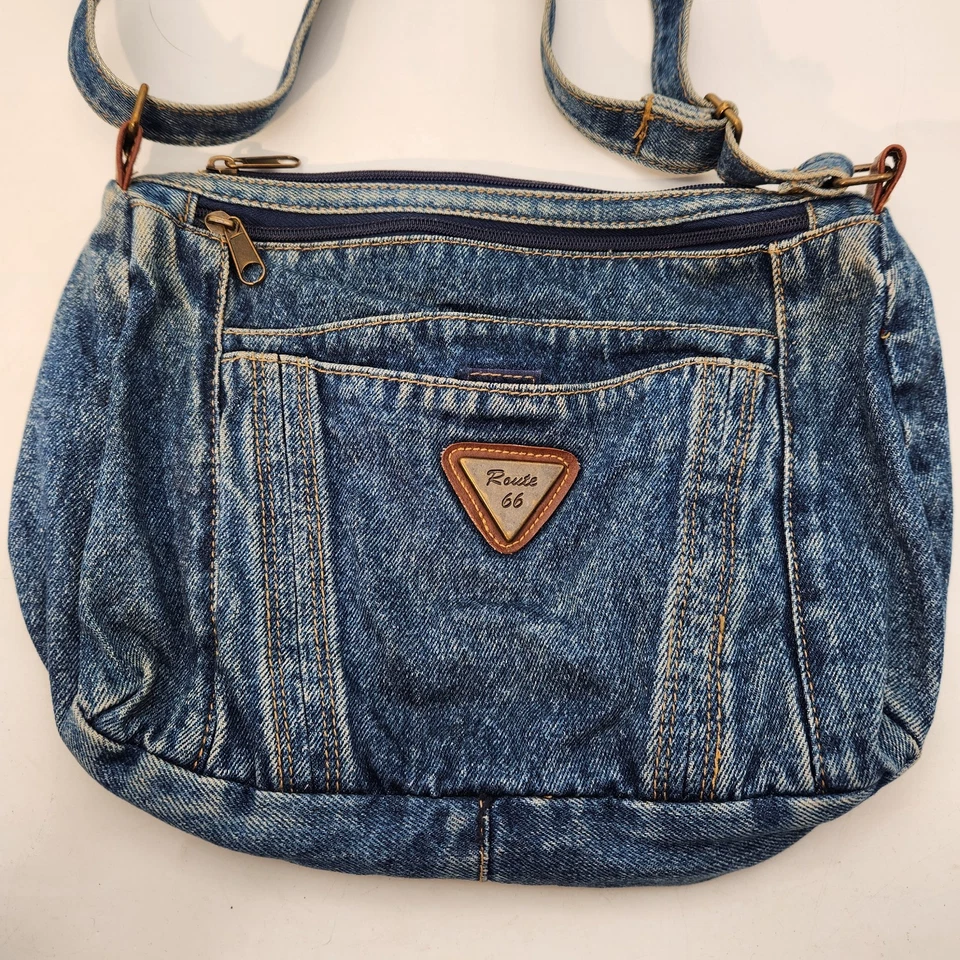 Bandolera de hombro vintage denim años 90 azul jean con doble cremallera "Ruta 66"  Foto 2 de 4