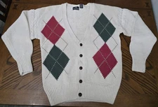 Structure Cardigan Sweater Men S Beige Argyle V-Neck Grandpa Vtg 90's Y2K