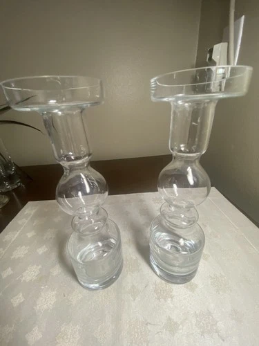 Set Of 2 Nanny Still Pompadour style Clear Glass Vase / Candlestick Holders