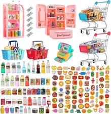 164Pcs Mini Shopping Cart Toy Set Dollhouse Grocery Kitchen Play Food Accessorie