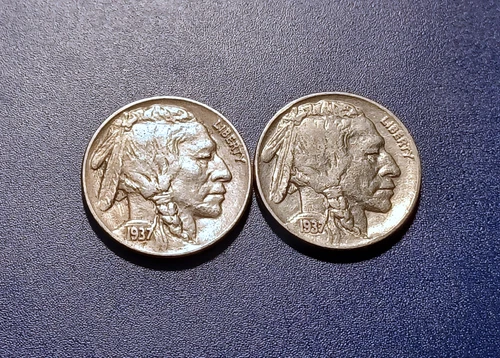 Pair of AU 1937-P Buffalo Nickels