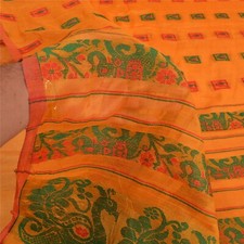 Sanskriti Vintage Saffron Indian Sarees Cotton Silk Woven Sari Craft Fabric