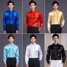 Men Ruffle Satin Shirts Faux Silk Tops Glossy Party Dance Performace Chorus