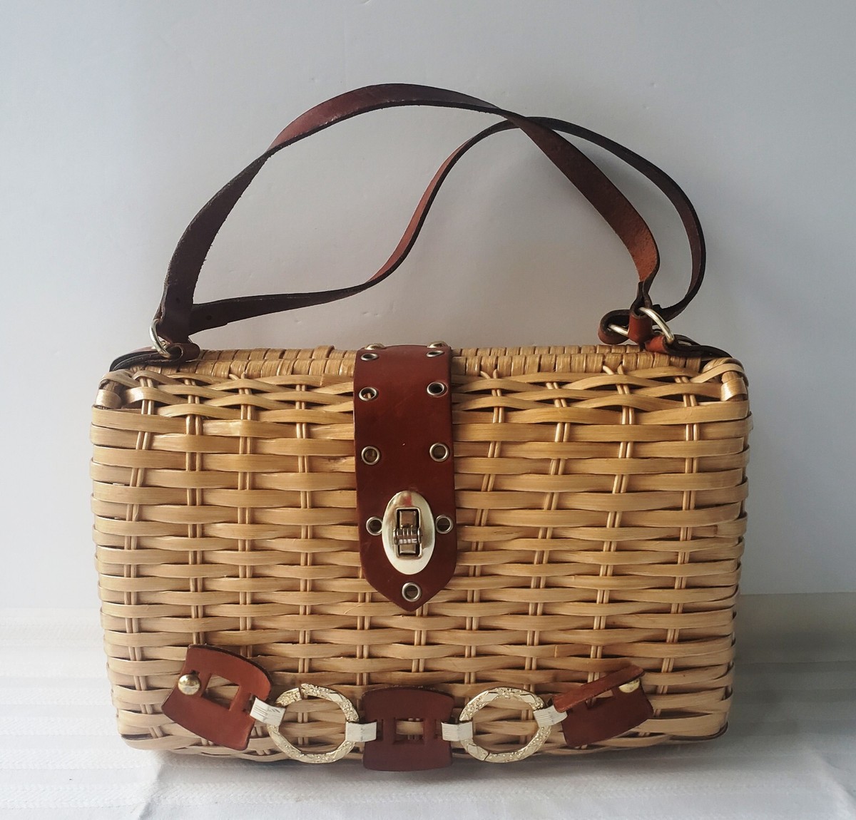 Simon Hong Kong Wicker Leather & Gold Link Chain Handbag Styled by