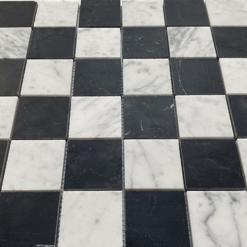 C251XH Carrara White Black Marble Checkerboard Chess Mosaic Tile Honed - Picture 4 of 8