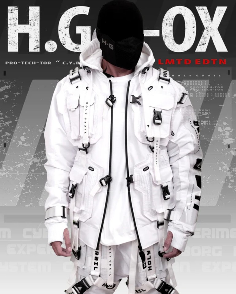 Men's Techwear White Jacket Hoodie Full Zip Buckle Holygrail H.G.B-0X ...