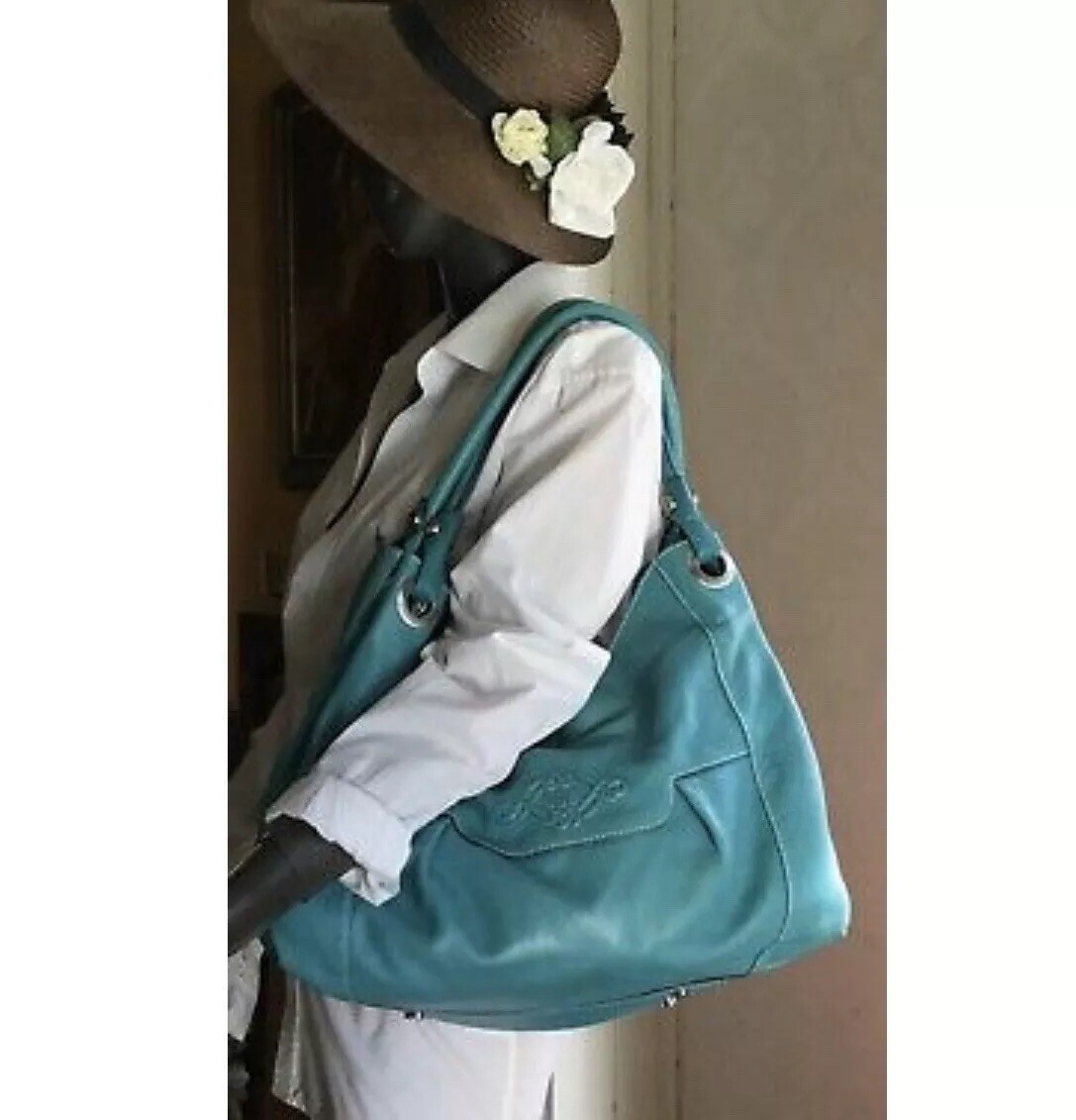 TENTAZIONE DUE ITALY TURQ LEATHER HOBO SLOUCH SHOULDER ZIPPER 
