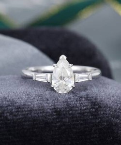 Authentic 0.85 Ct Pear Cut Moissanite 3 Stone 5 Claw Engagement Ring 14K White Gold Plated