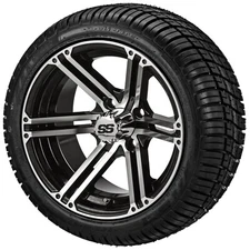 (4) Golf Cart 215/35R12 Deli Radial Tires on 12x7 Black/Machined Yukon Wheels