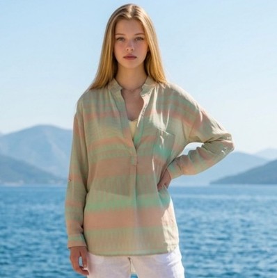 LUMIERE Anthropologie Tunic V Neck Sheer High Low Green Orange Button Popover
