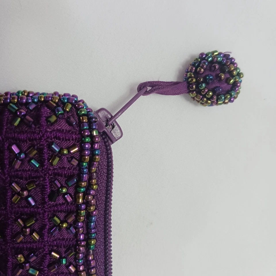 Cartera de monedas hecha a mano con cuentas bolsa con cremallera 6" x 4" tela púrpura irridiscente Foto 2 de 4