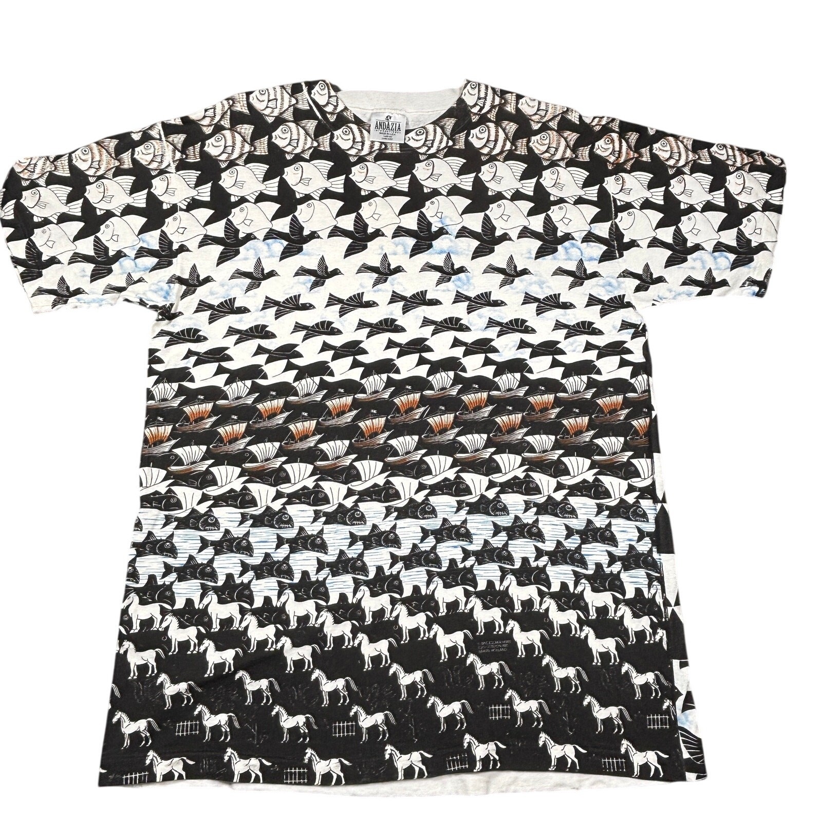 90s Vintage MC Escher Art Tee L Black AOP Andazia Journey to Infinity USA Made