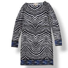 MICHAEL Michael Kors SM. White Black Blue Zebra Print Boat Neck Knit Shift Dress