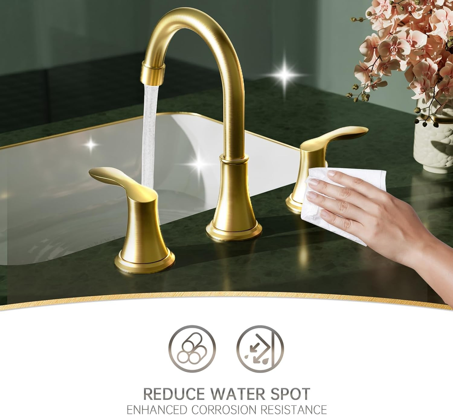 Brushed Gold Widespread 8 Inch 3 Holes Bathroom Faucet，2 Handles Modern Bathroom
