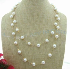 39 INCH HUGE NATURAL 8-9MM AKOYA WHITE PEARL STATION NECKLACE 14K GOLD P CLASP