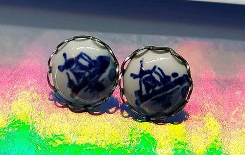 Vtg Pair Delft Sterling Silver 925 Windmill Stud Post Back Earrings