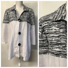 Chicos White Black Abstract Linen Blend Long Blazer Jacket Womens 2 Large 12