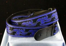Ovation Guitar Strap Blue And Black w/Leather Ends Retro Signature Leaf Design