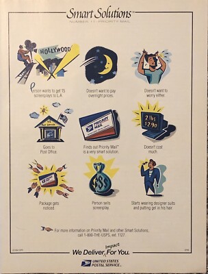 1994 US Postal Service Priority Mail PRINT AD Screenplays To Hollywood VTG 1990s