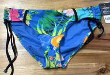 Bar III Medium Tropical-Print Shirred Bikini Bottoms Blue New